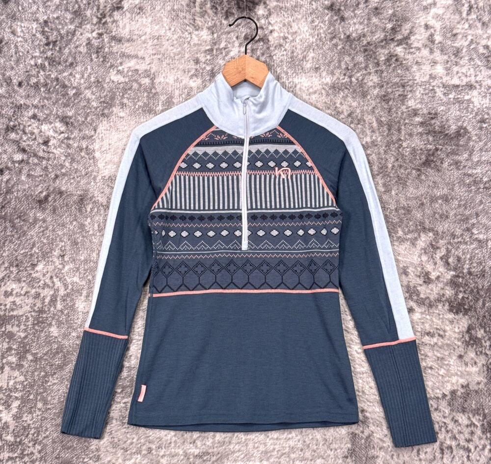 Kari Traa Base Layer Half Zip Top Small Womens Blue Fair Isle Performance Knit